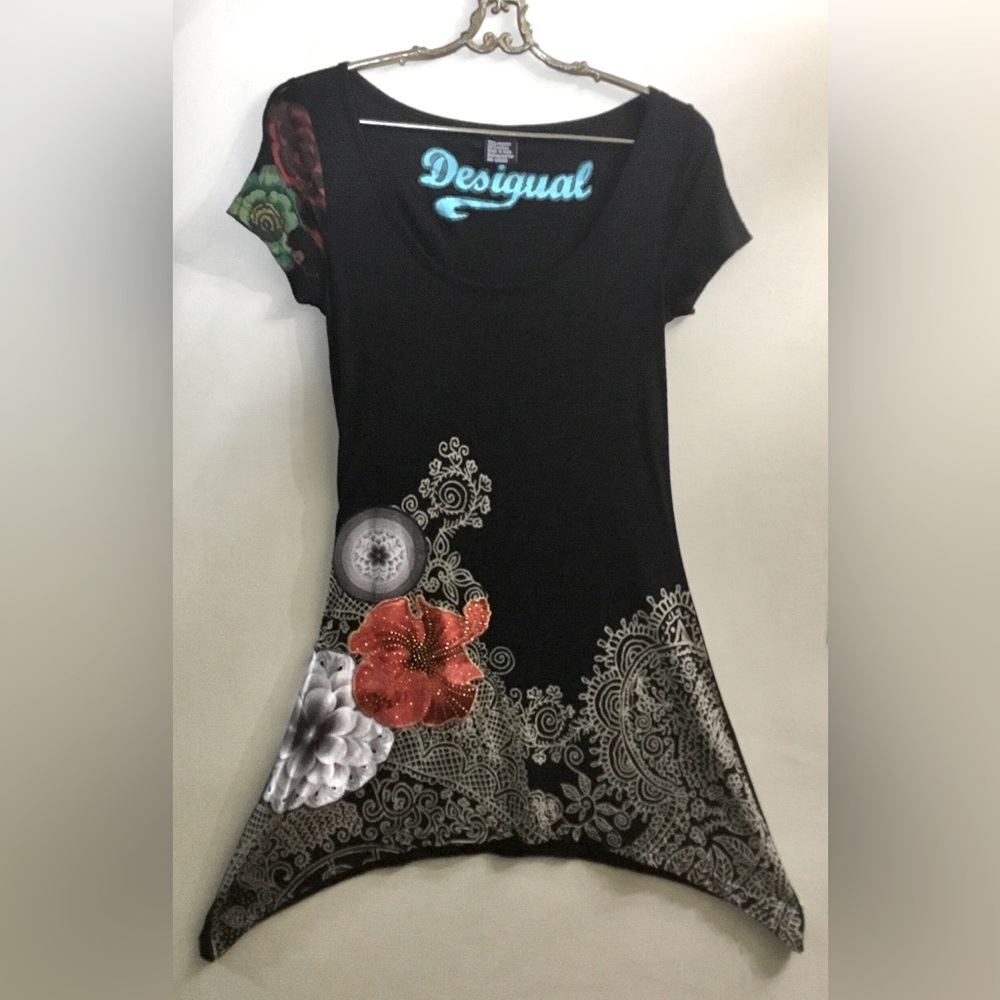 Desigual black asymmetric floral embellished tunic dress